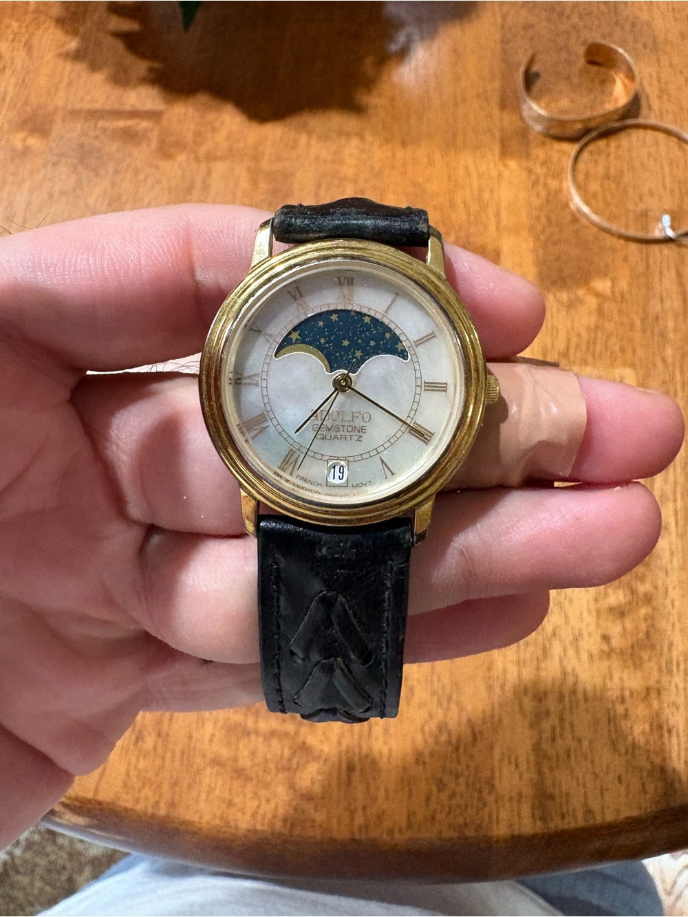 Adolfo Moonphase Quartz Watch - Black Strap, Gold Case